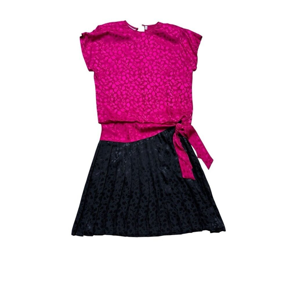 Vintage Adrianna Papell Silk Dress Pink Black Jacquard Tie Waist Size 12